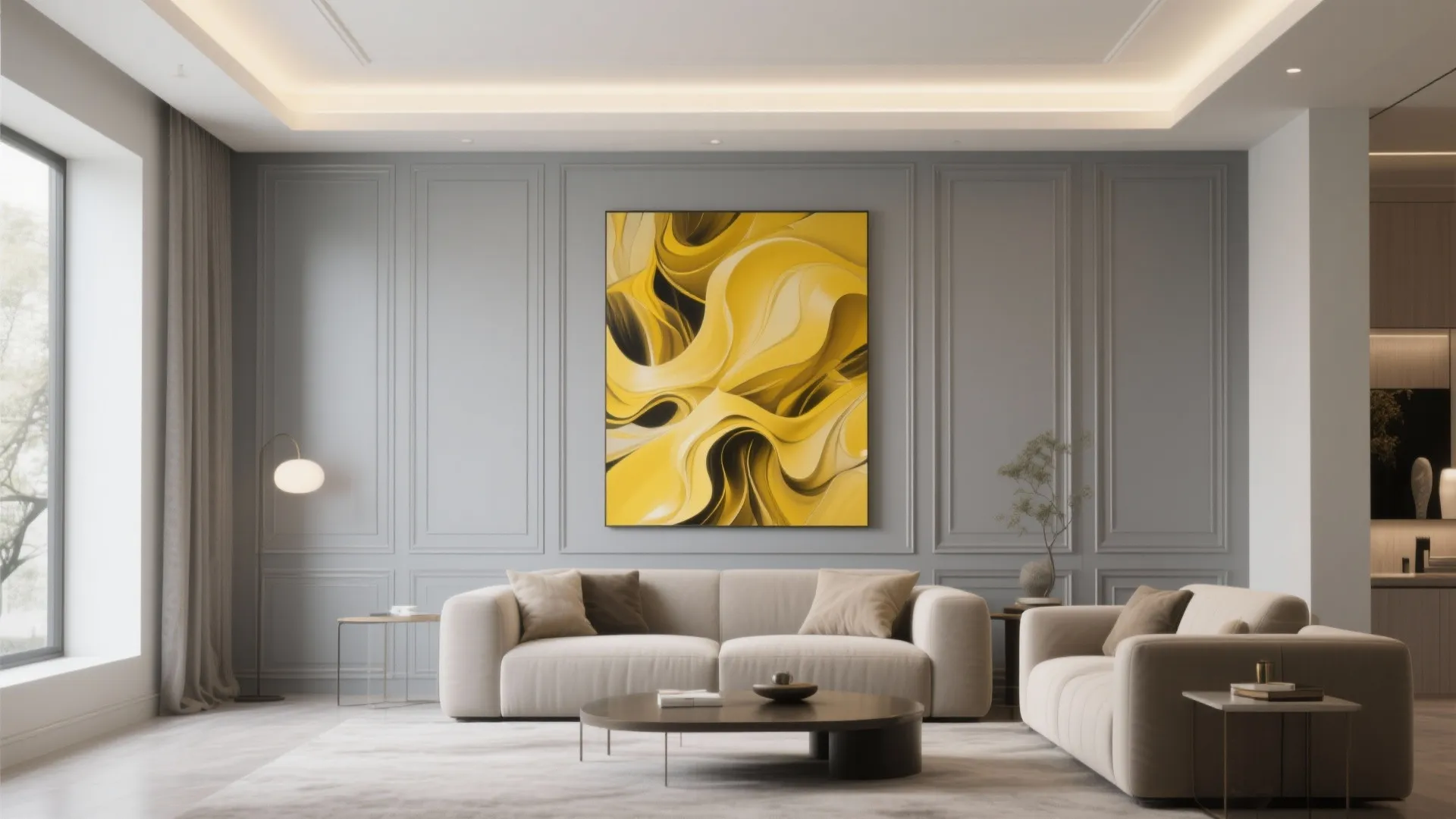 6. Yellow Artwork Against Gray Paneling