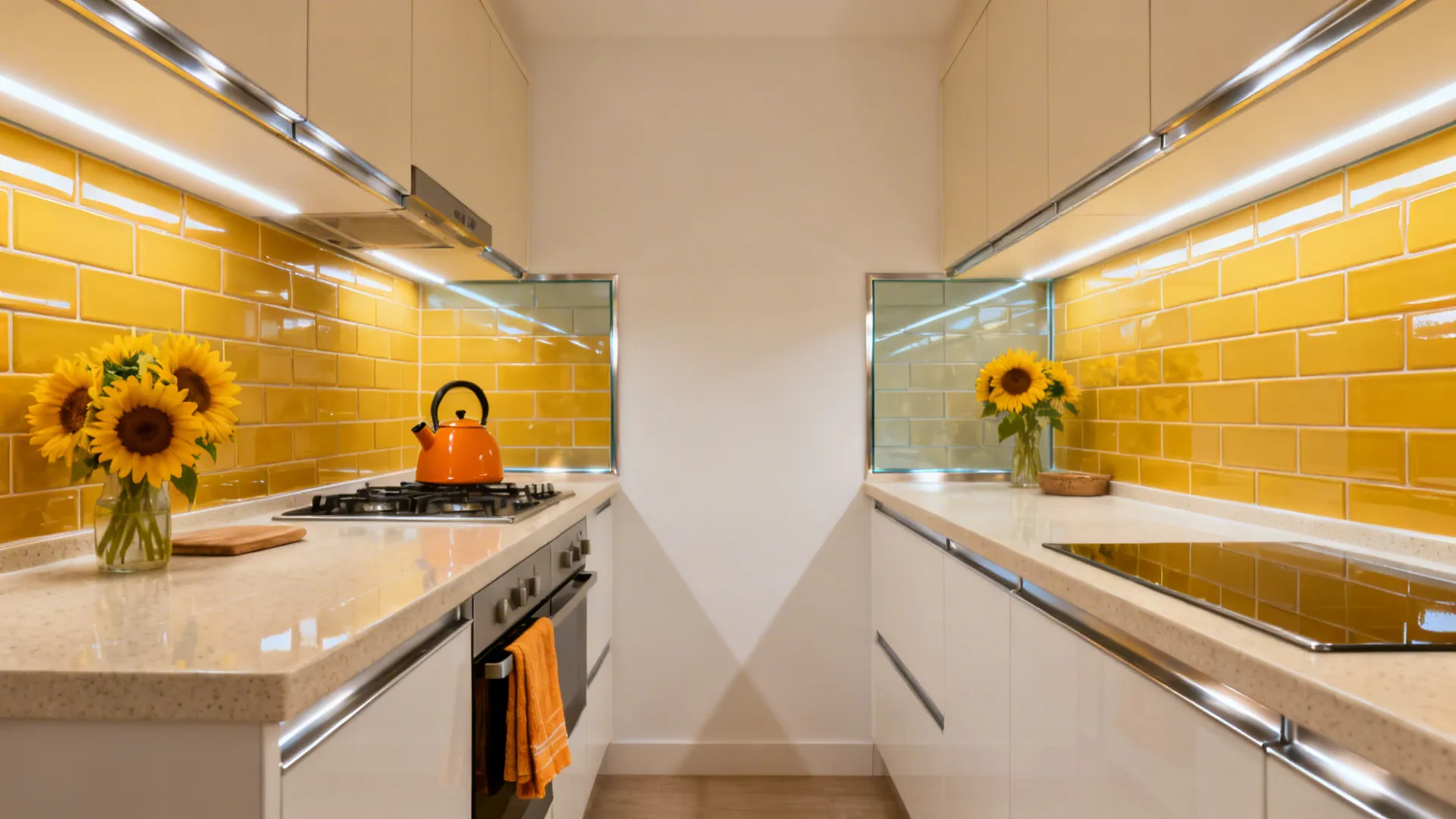 Small galley kitchen with a honey-yellow backsplash and subtle orange accents.