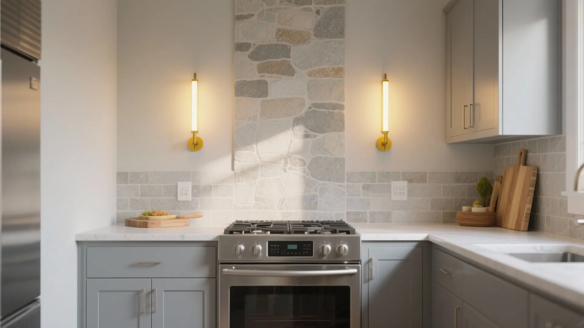 Yellow Sconces as Task Lighting Over the Backsplash