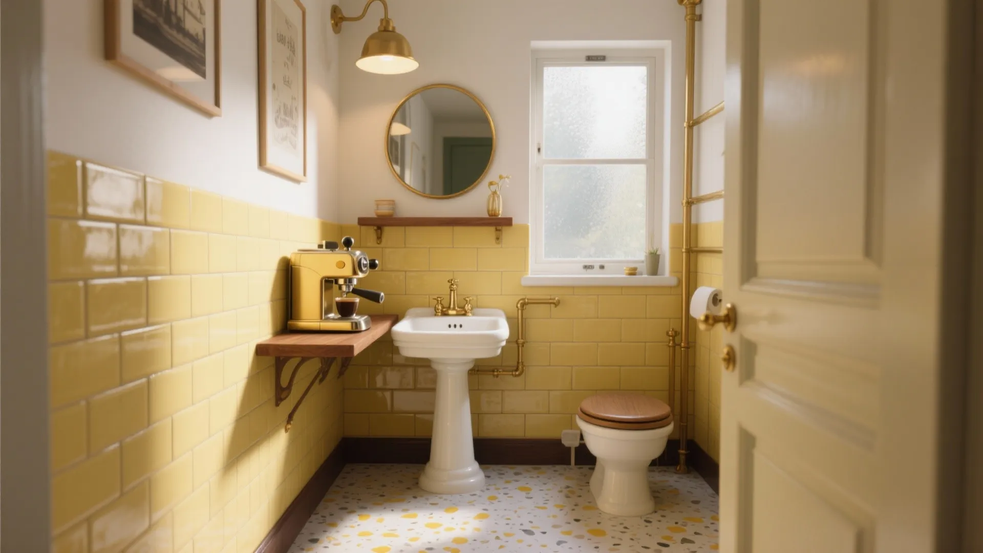 Vintage bathroom with yellow wall tiles white pedestal sink wooden toilet seat and gold wall light