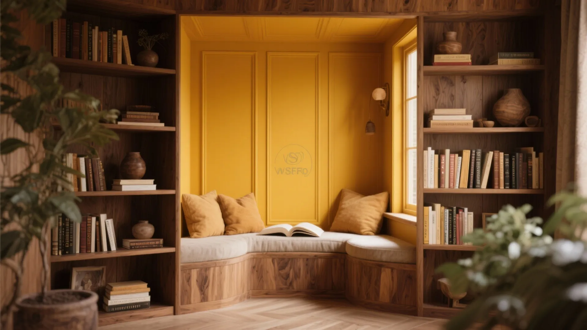 Bookshelf styled with marigold-painted back panels