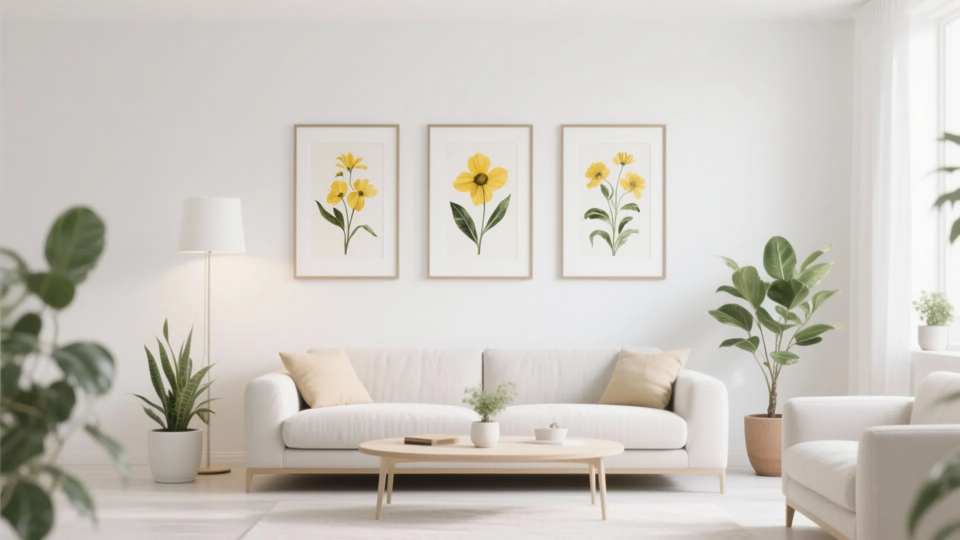 Modern white living room featuring yellow flower wall art, white sofa, and green potted plants