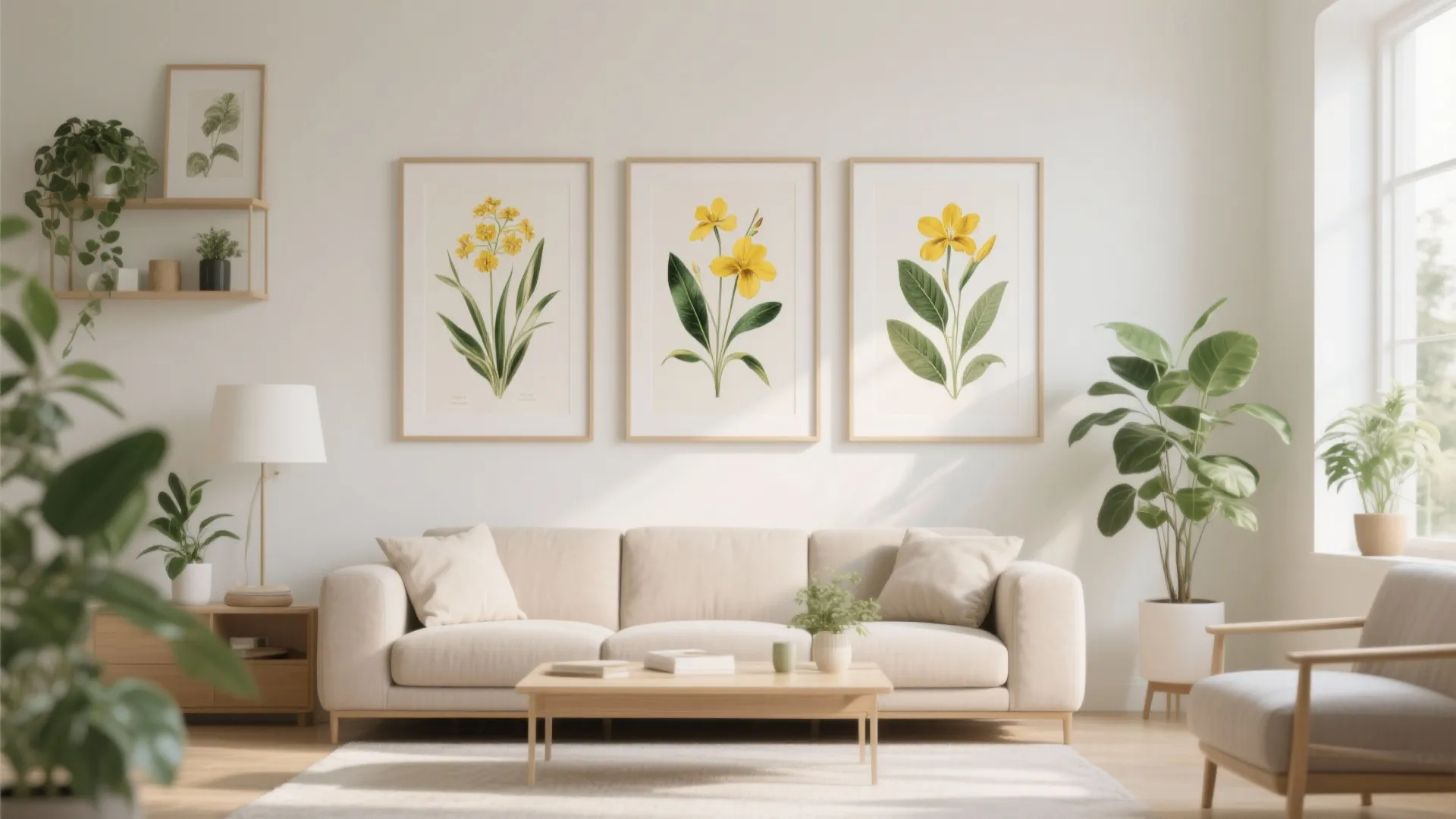Botanical wall prints with yellow flowers in living room