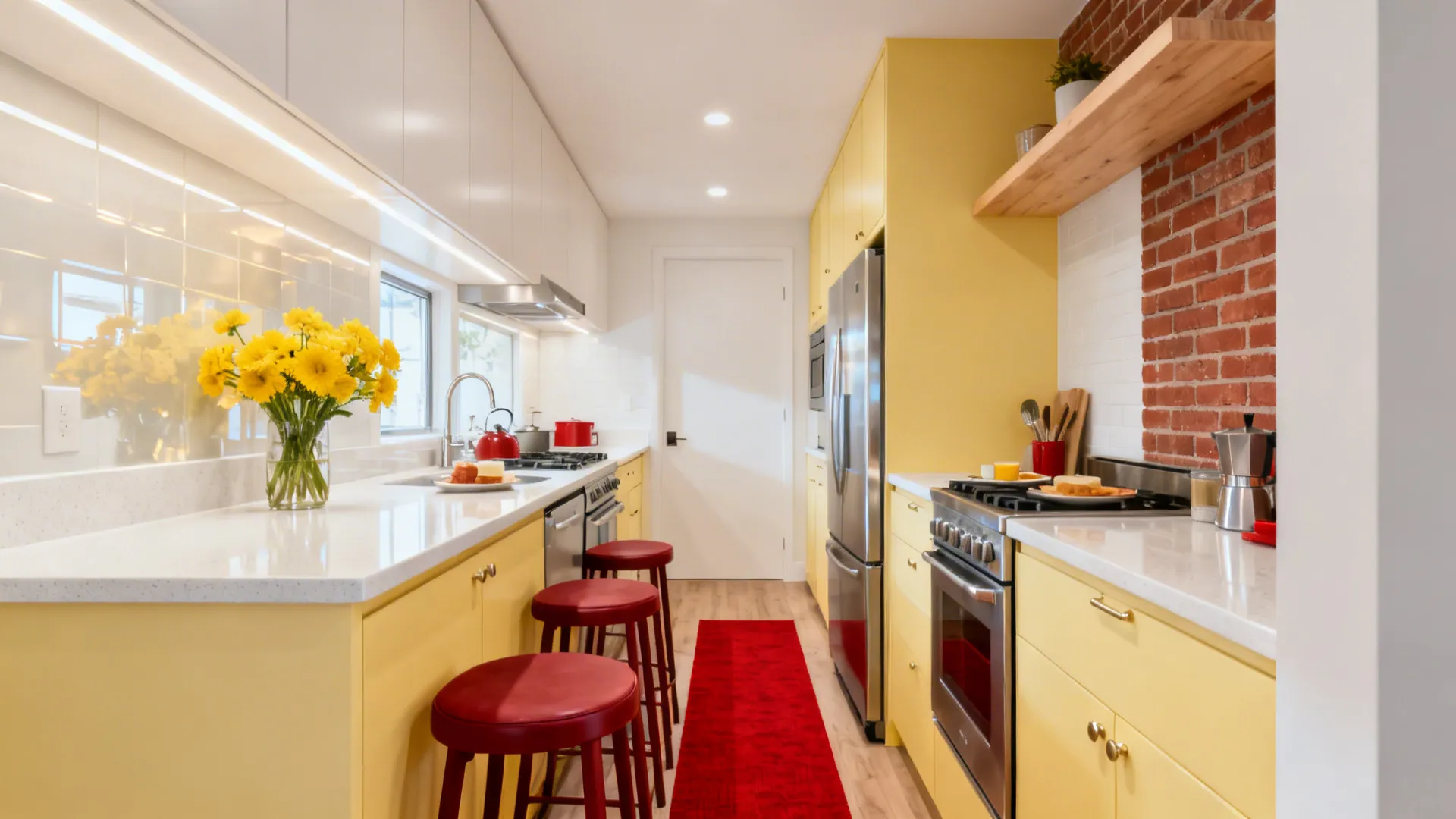 Galley kitchen with buttery yellow base cabinets and muted red accents in stools and runner.