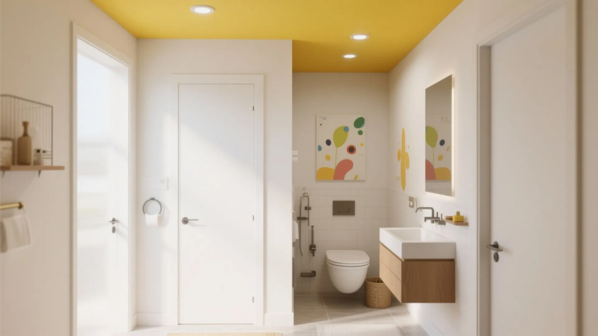 Modern white bathroom design featuring bright yellow ceiling with built in lights and wooden vanity