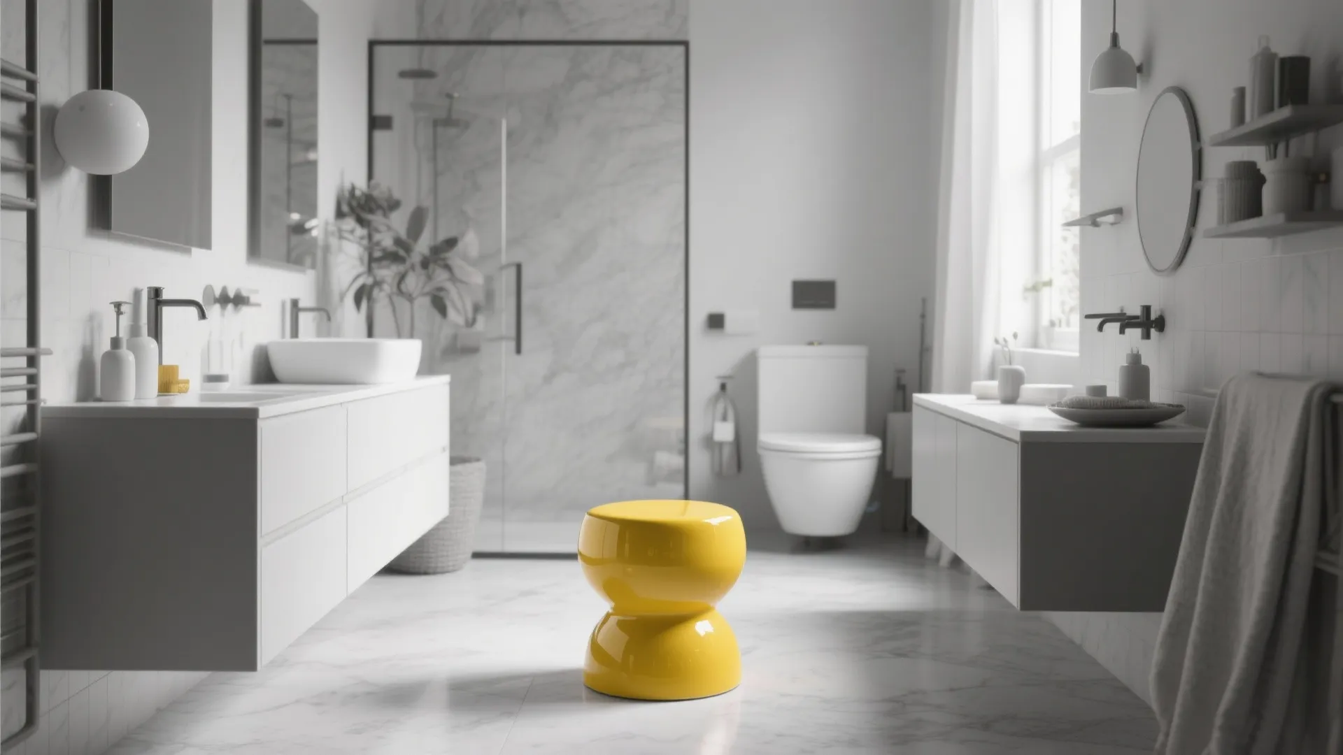 Bright yellow ceramic footrest in a minimalist grey and white bathroom with marble floor design