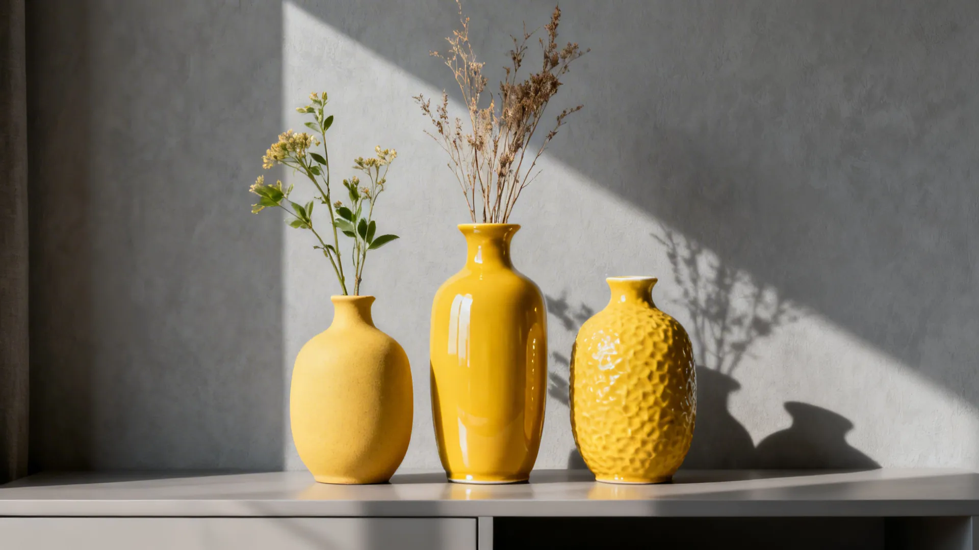 Group of yellow ceramic vases of different heights with stems against a grey backdrop.