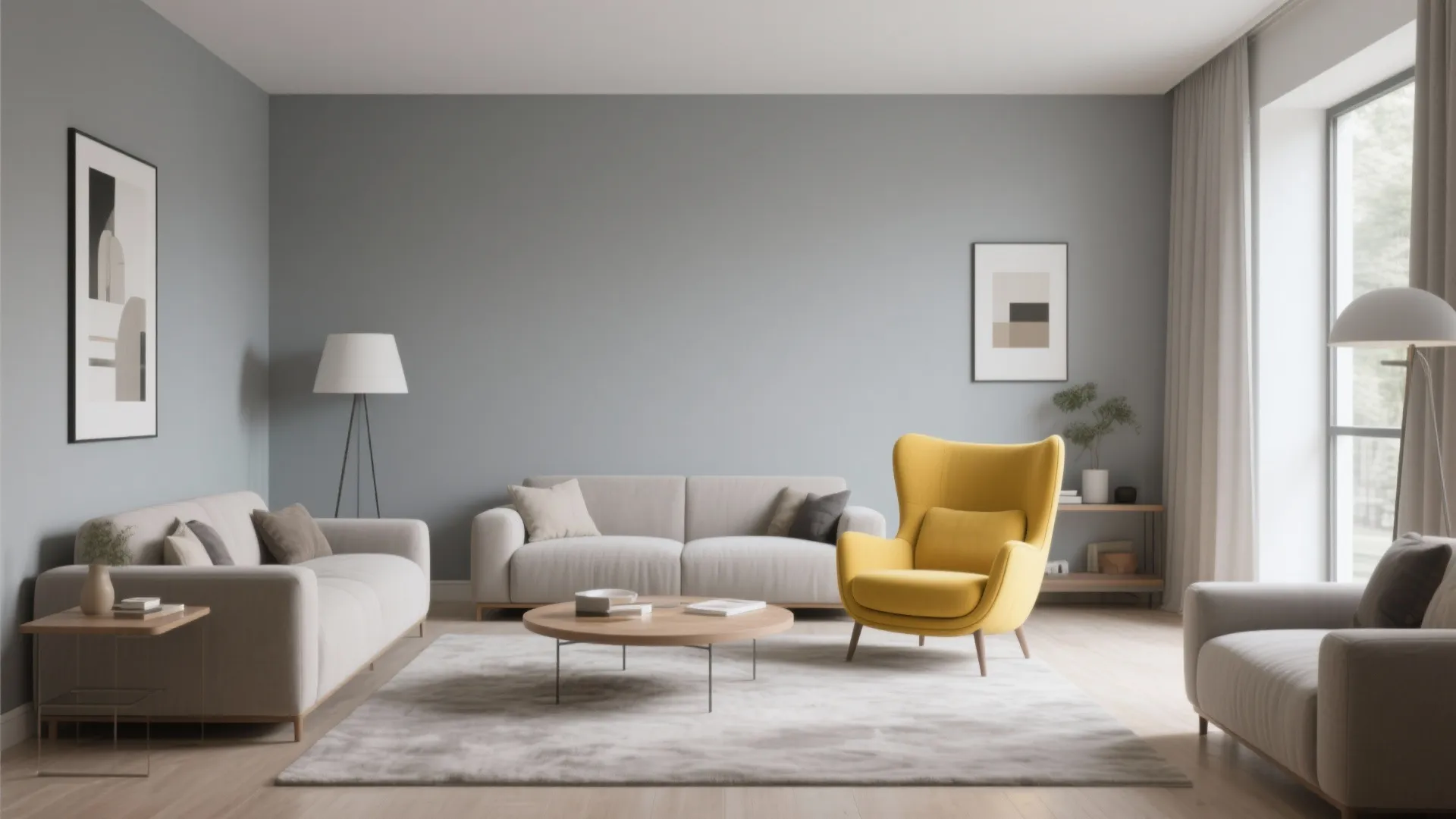 Modern living room with grey walls light sofas and a bright yellow armchair on large rug