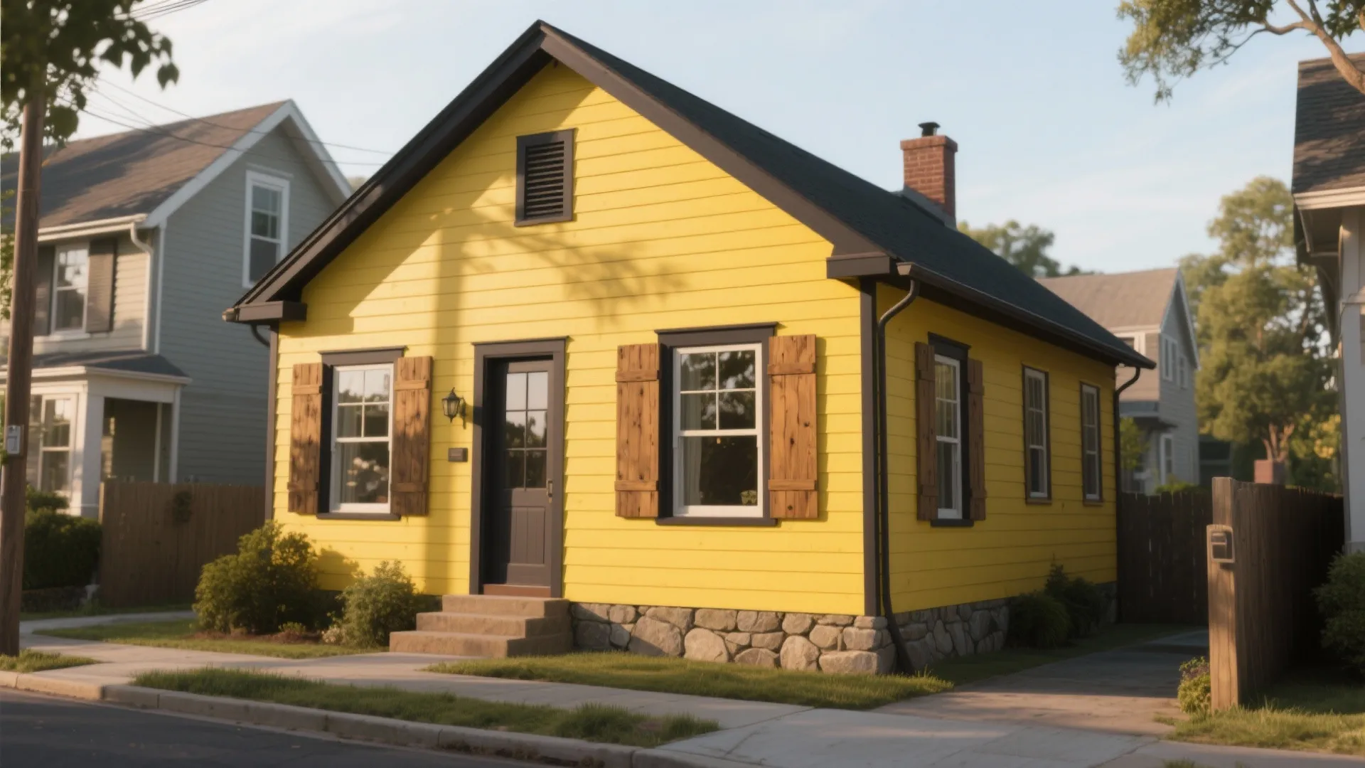 Small yellow cottage with brown wooden shutters stone foundation dark roof and green grass lawn