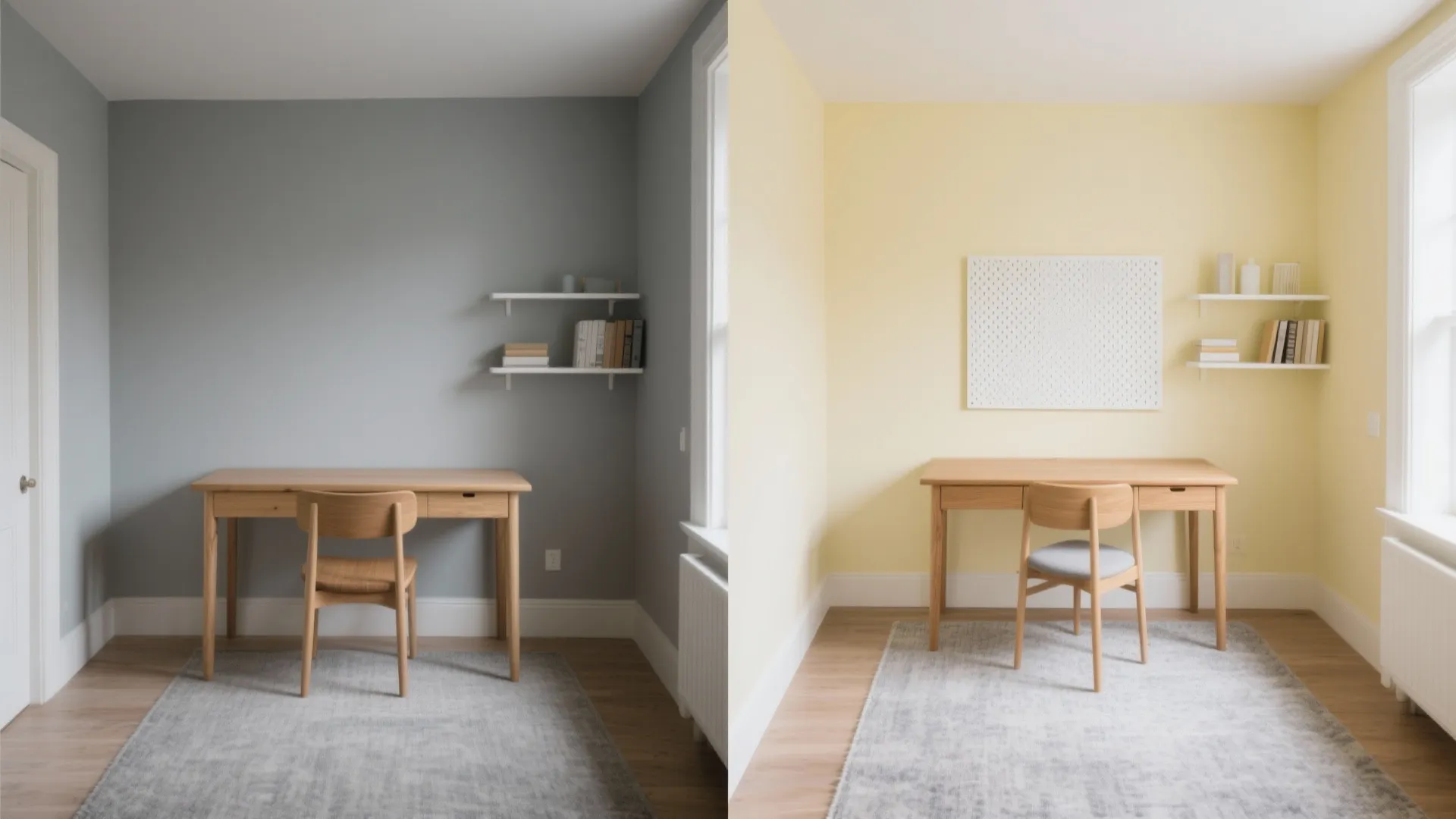 Before and after comparison of home office with grey walls versus bright yellow painted walls
