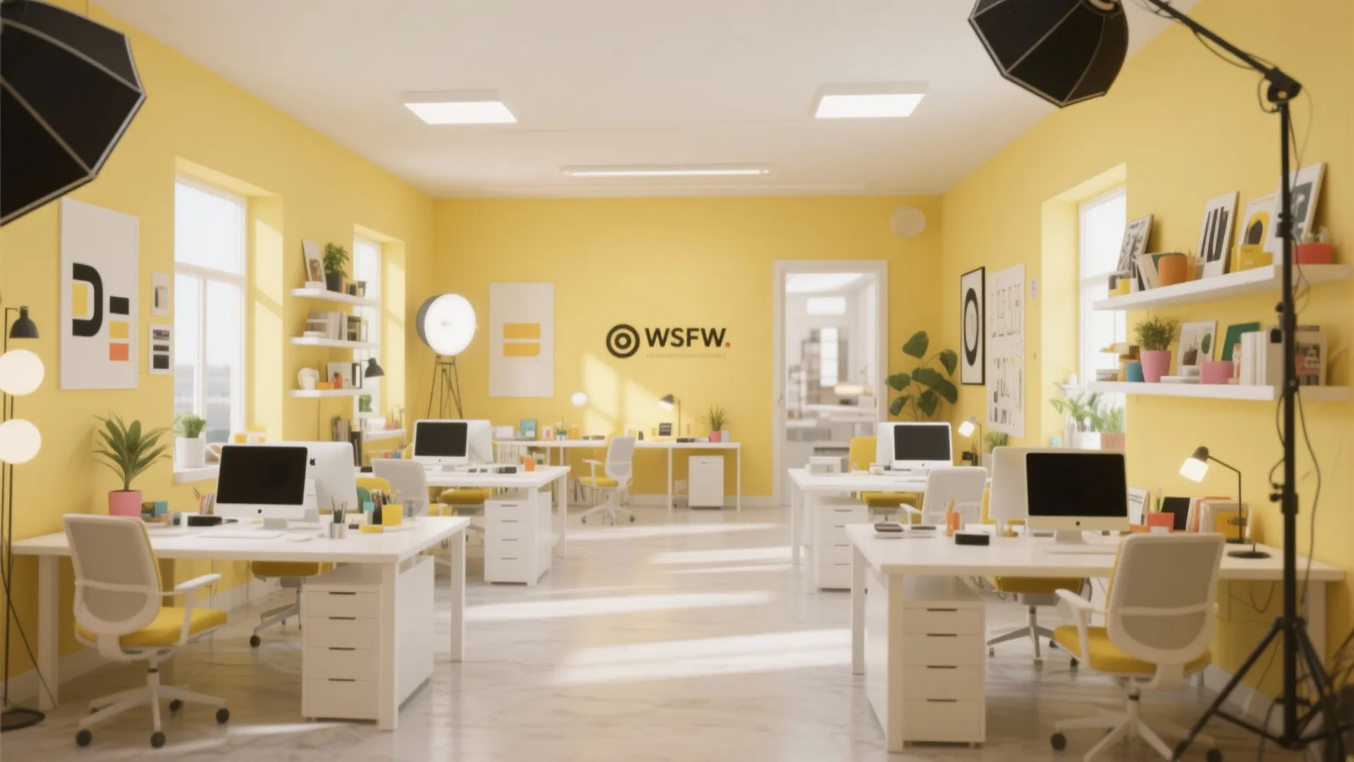 Bright yellow creative office space with white desks, yellow chairs, computers, wall shelves, and natural light