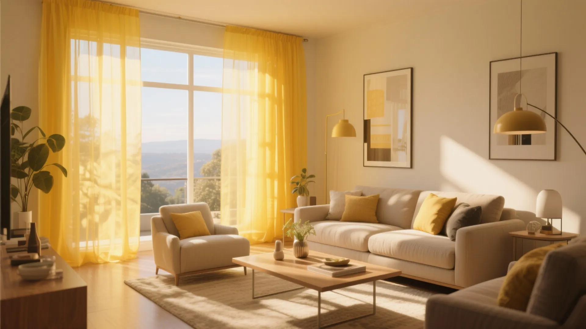 Warm living room interior featuring sheer yellow curtain floor lamp light wood furniture and wall art