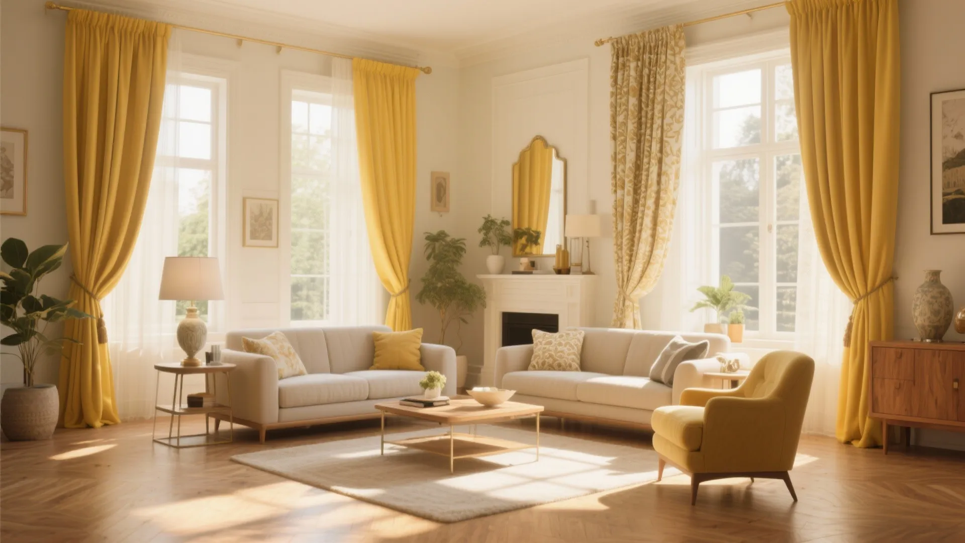 Classic living room with two white sofas yellow curtains wooden floor and a white fireplace