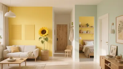 Sunny Yellow Living Room with Natural Wood and Green Accent