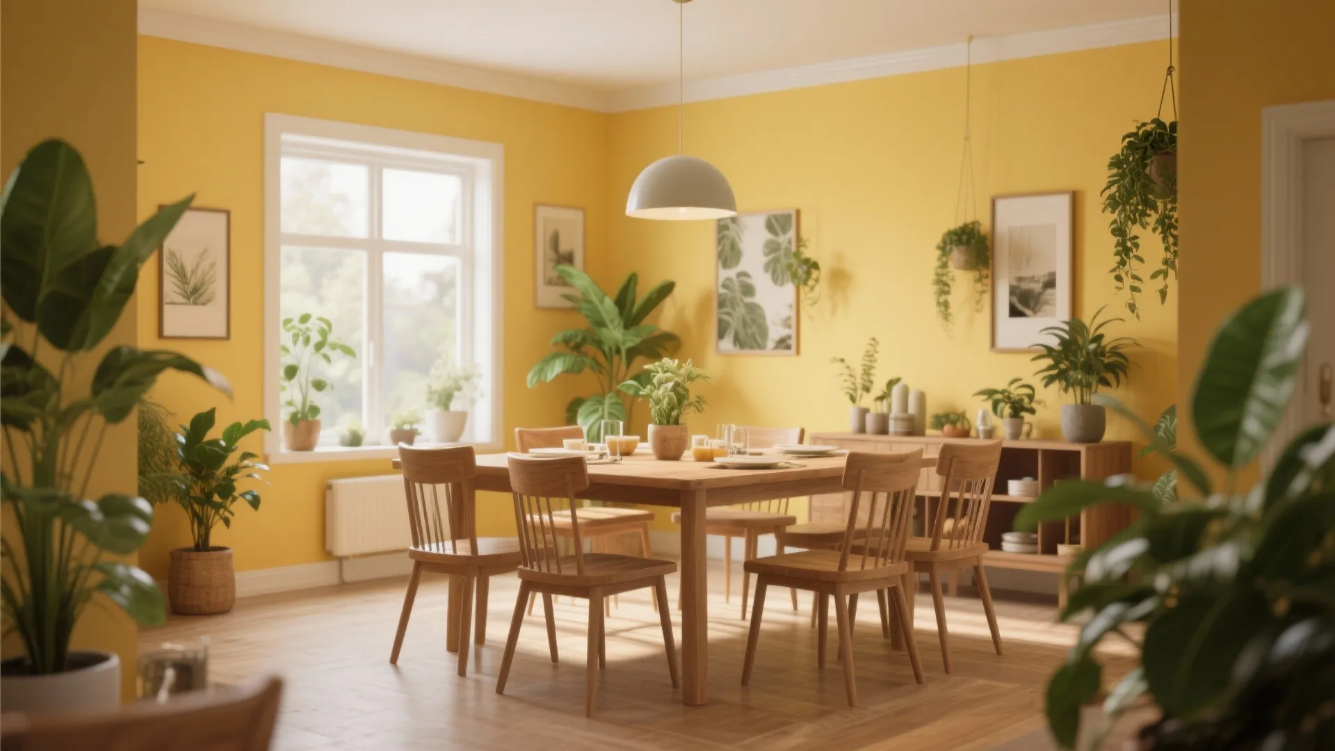 Dining room with muted mustard yellow walls and plants