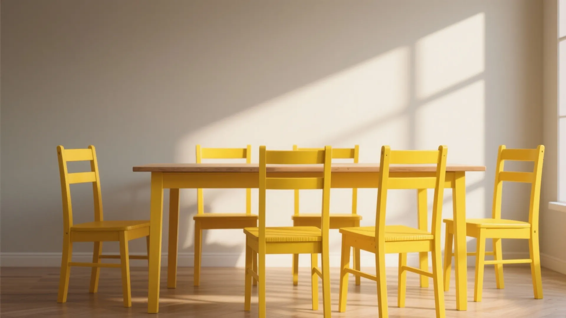 Minimalist dining room featuring bright yellow wooden chairs around a light wood table with natural sunlight