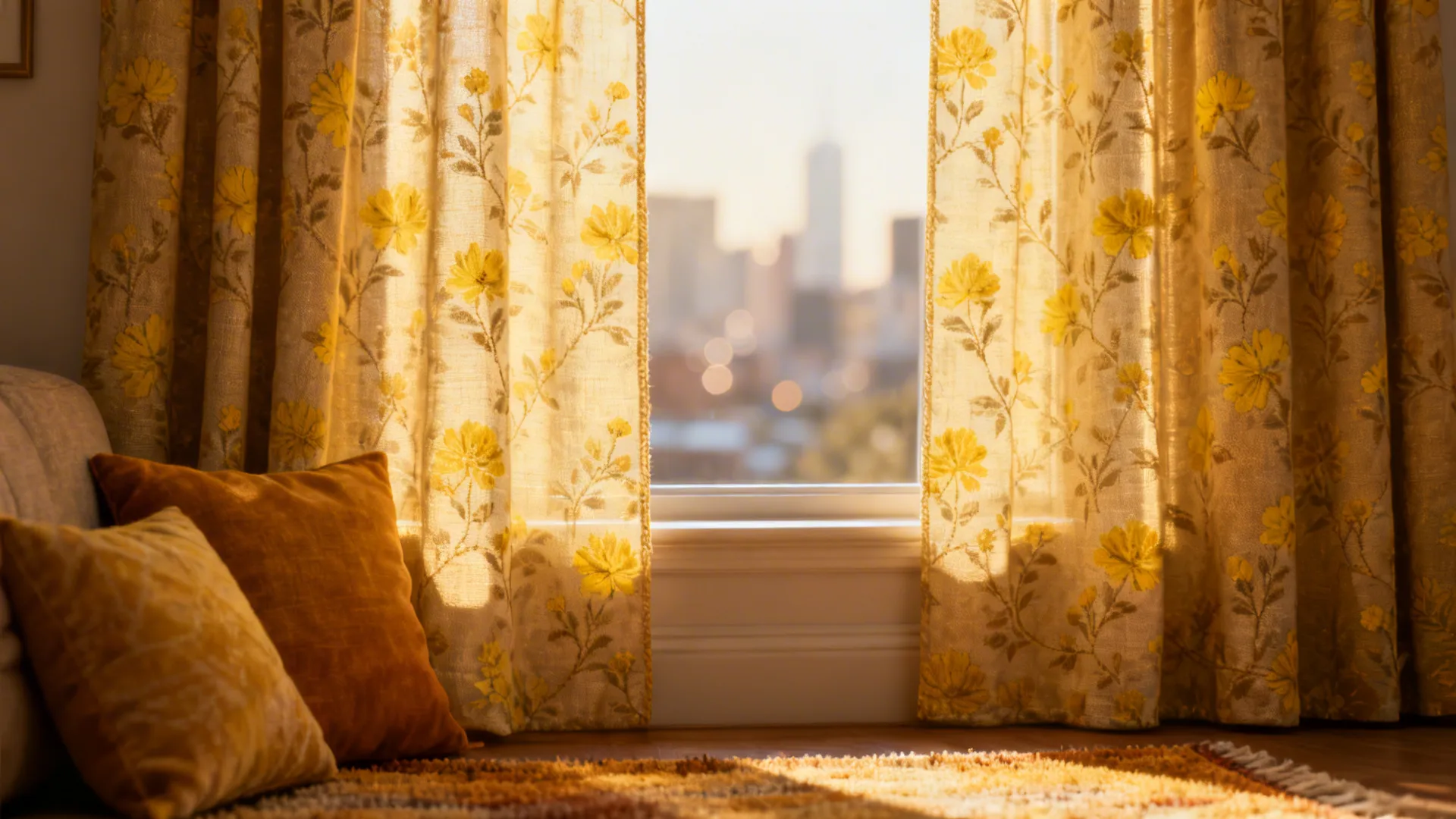 Patterned drapes with subtle yellow motifs warming a small living room window.