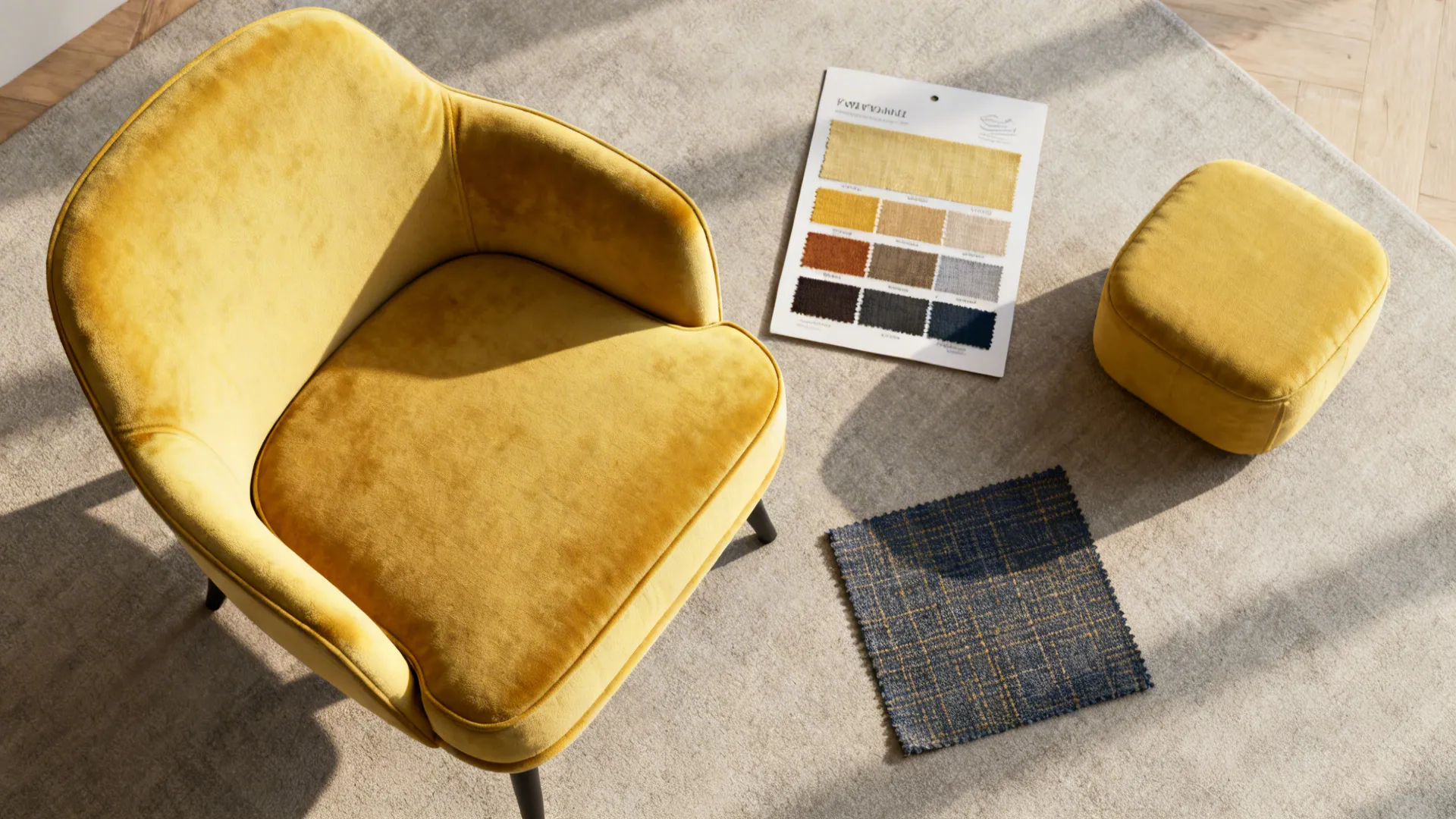 Flatlay of durable yellow fabric samples: performance velvet, cotton blend and slipcover fabric with color swatch card.