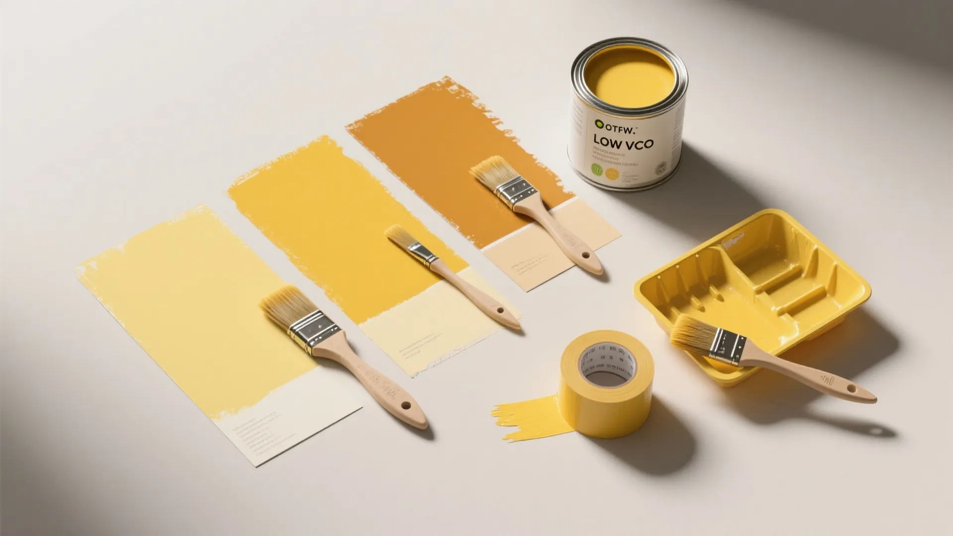 Yellow wall paint supplies including brushes a metal can tape tray and several paper samples