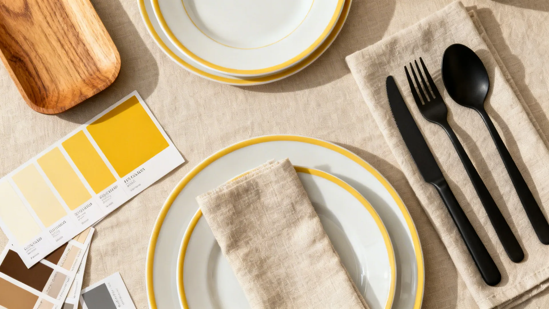 Top-down palette with soft yellow paint, off-white trim, oak wood, and linen fabric.