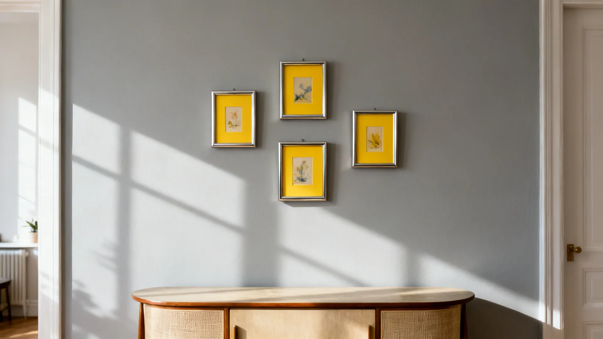 Dove-grey wall with small mustard yellow frames in a curated gallery layout above a console.