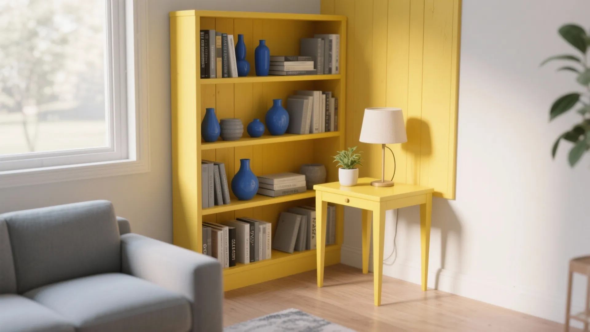 Bright yellow bookshelf and side table with blue vases next to a grey living room sofa
