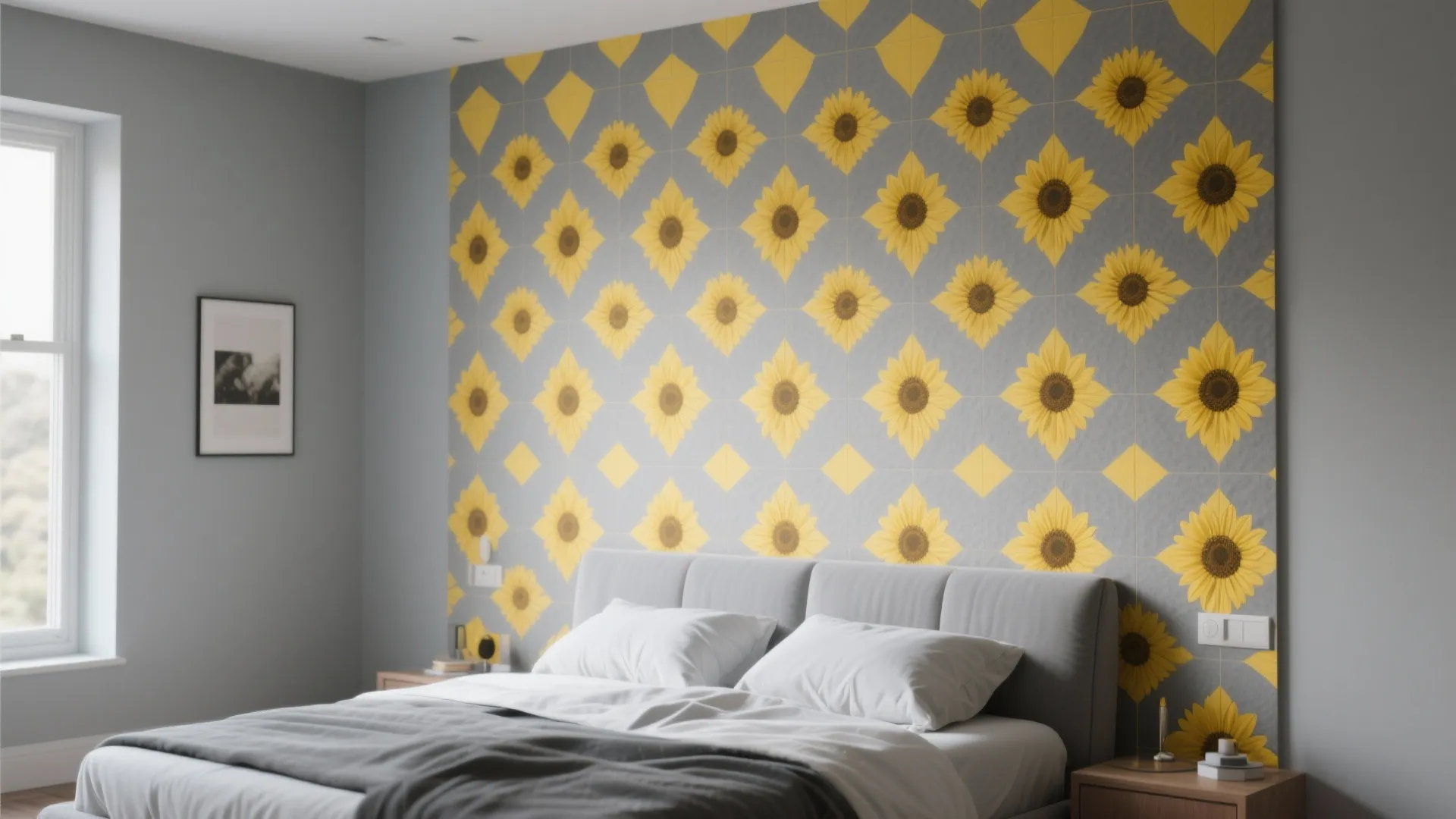 3. Accent wall with yellow geometric pattern