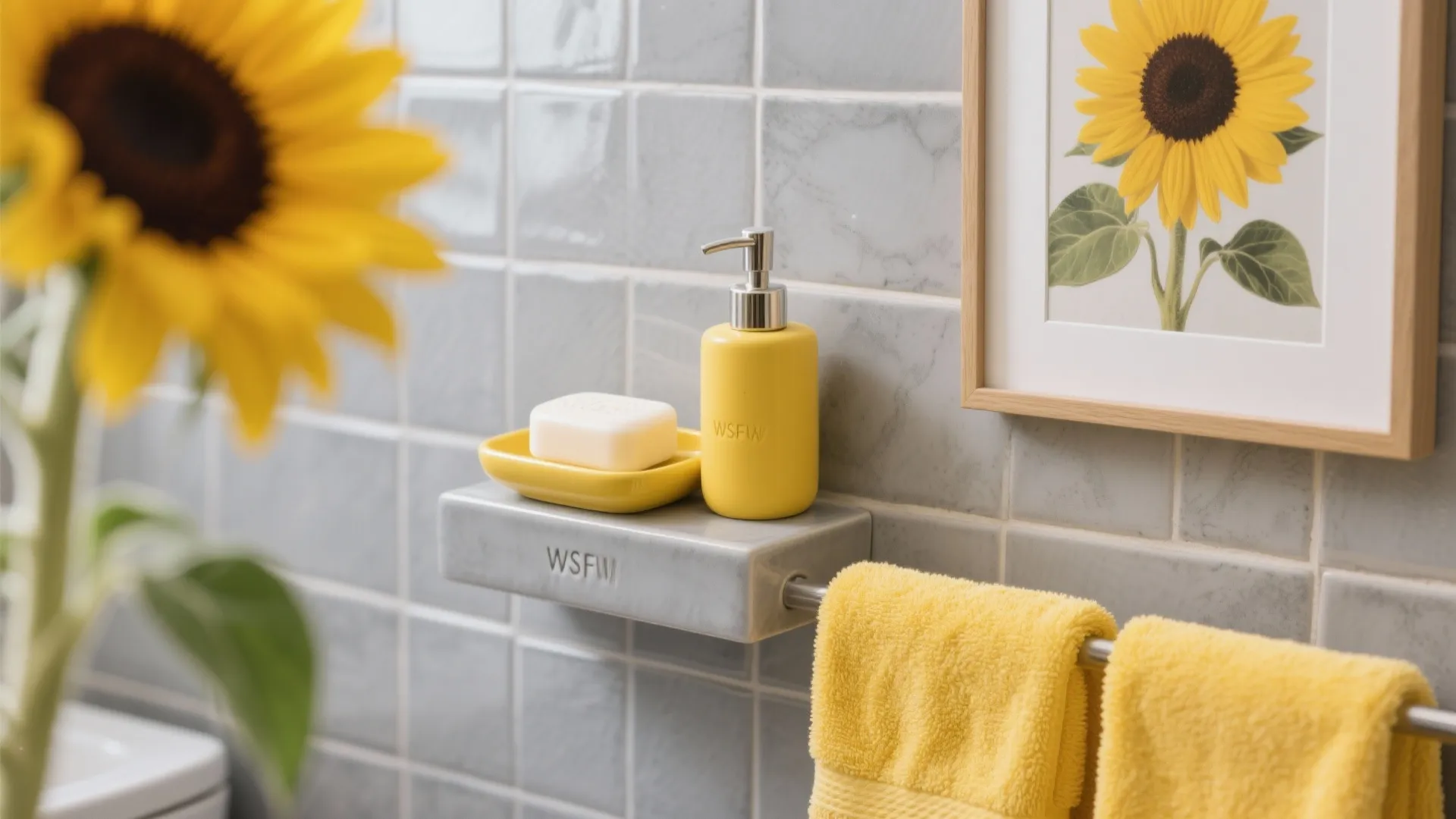 Grey tiled bathroom wall featuring yellow soap dispenser, soap dish, yellow towels, and framed sunflower