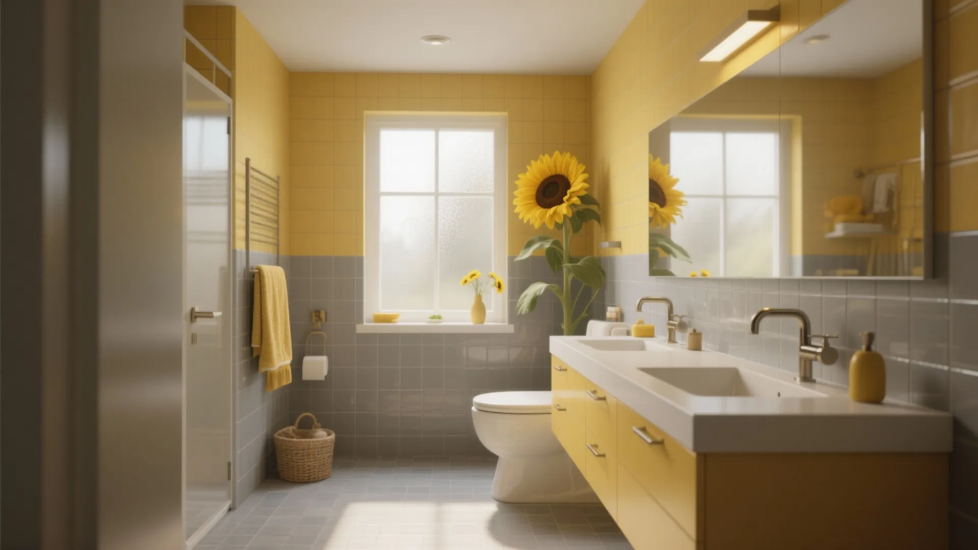 Bright bathroom interior with yellow and grey tiles plus a sunflower and large wall mirror