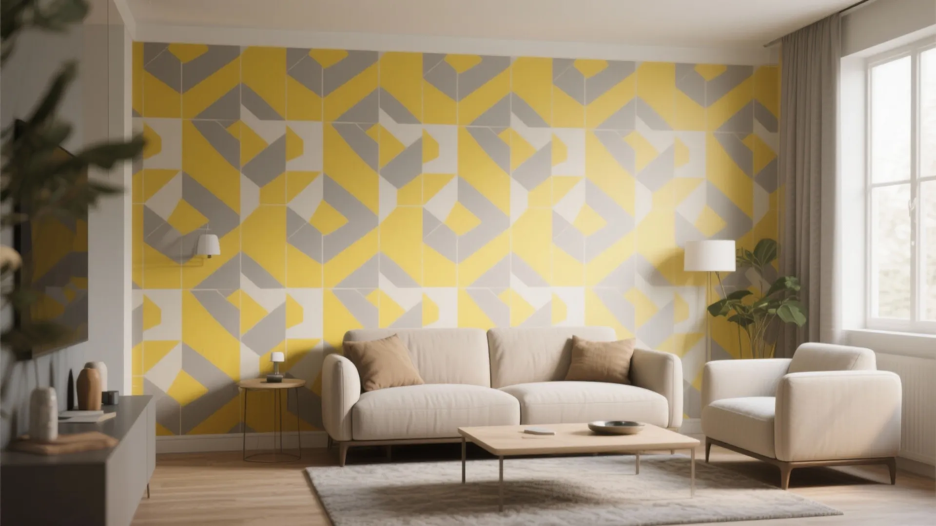 9. Yellow and Gray Geometric Wallpaper Feature