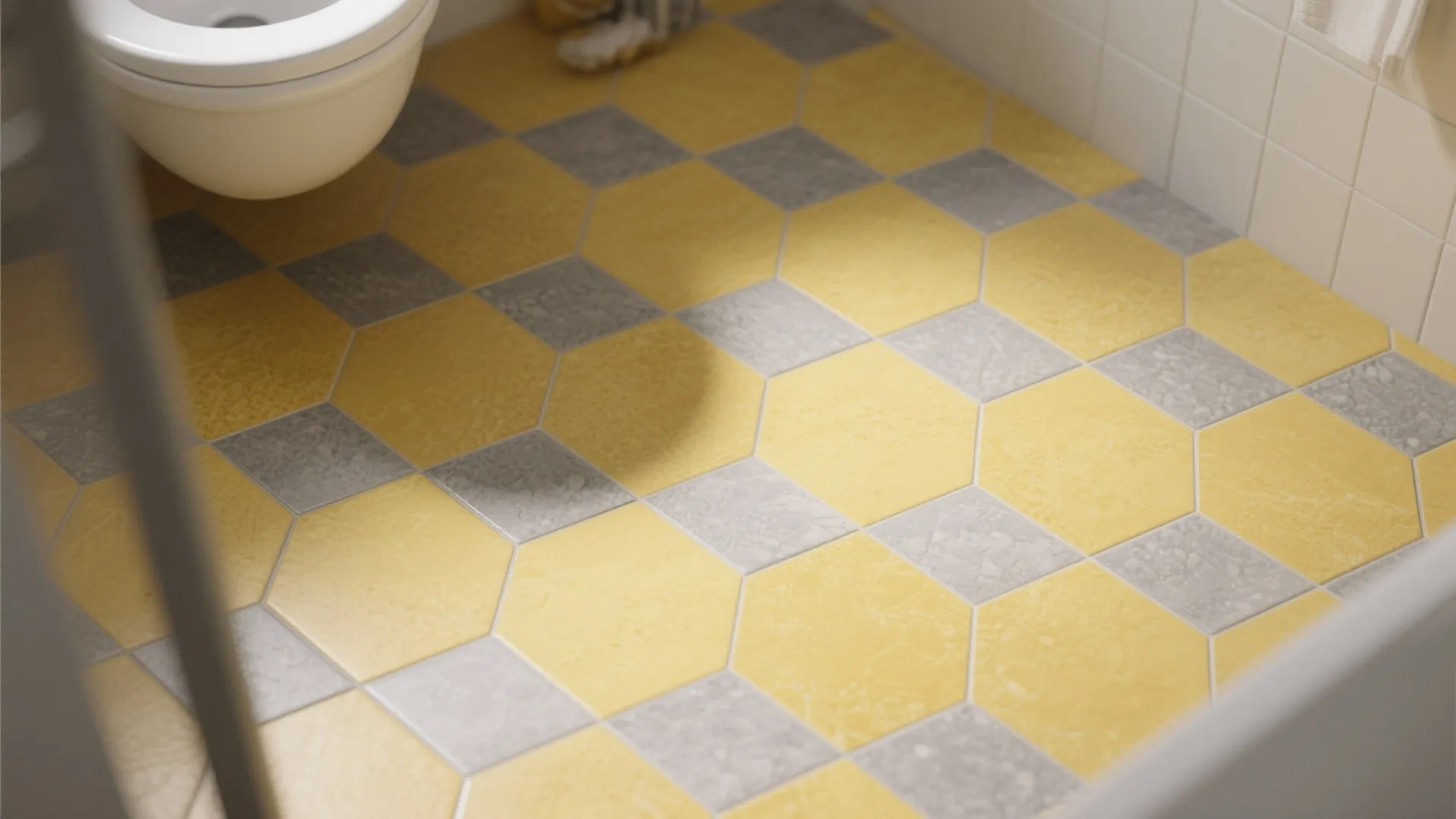 Bathroom floor featuring a pattern of yellow and grey hexagon tiles near a white toilet