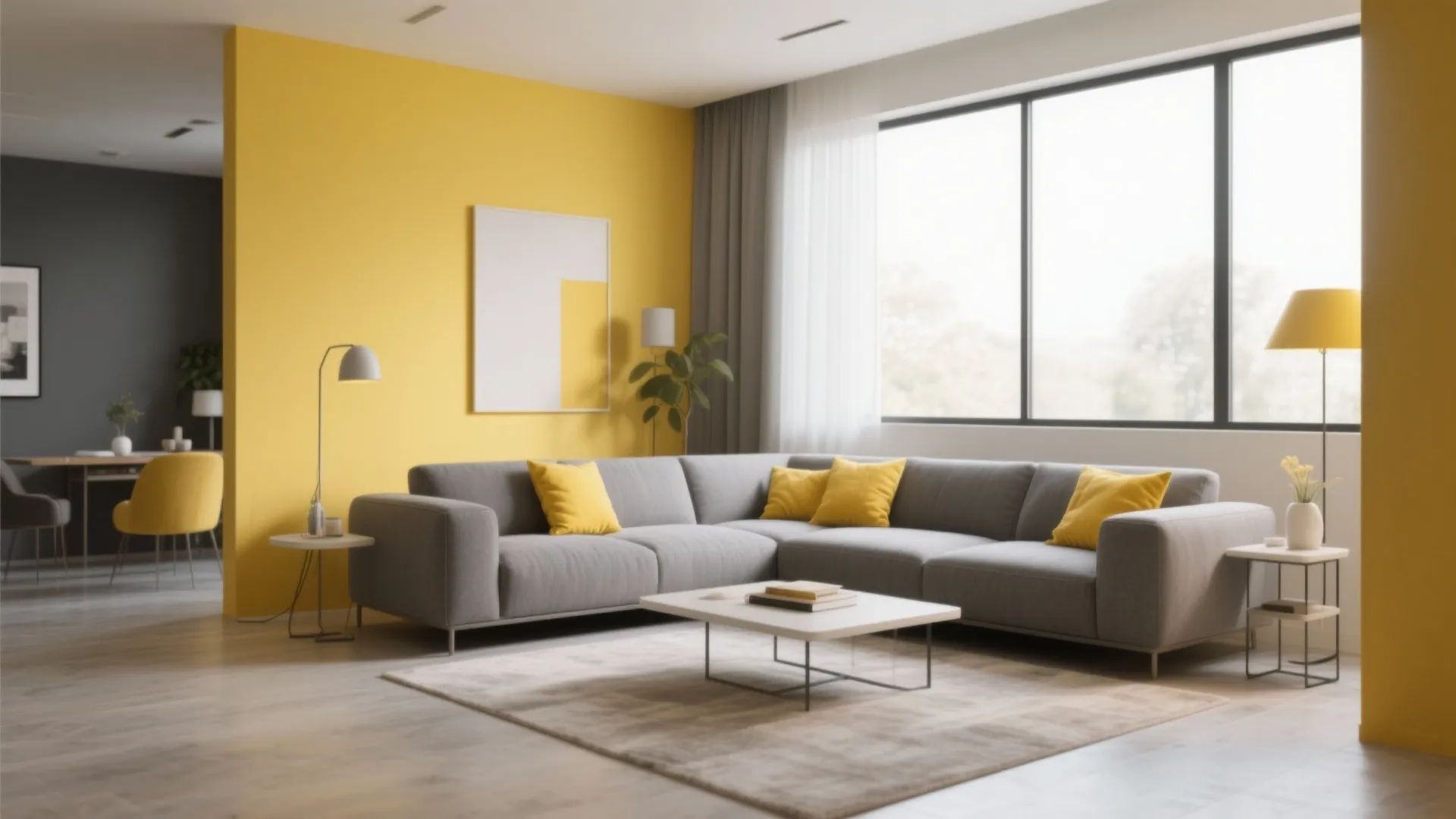 Modern living room with grey sofa yellow accent wall white coffee table and large windows