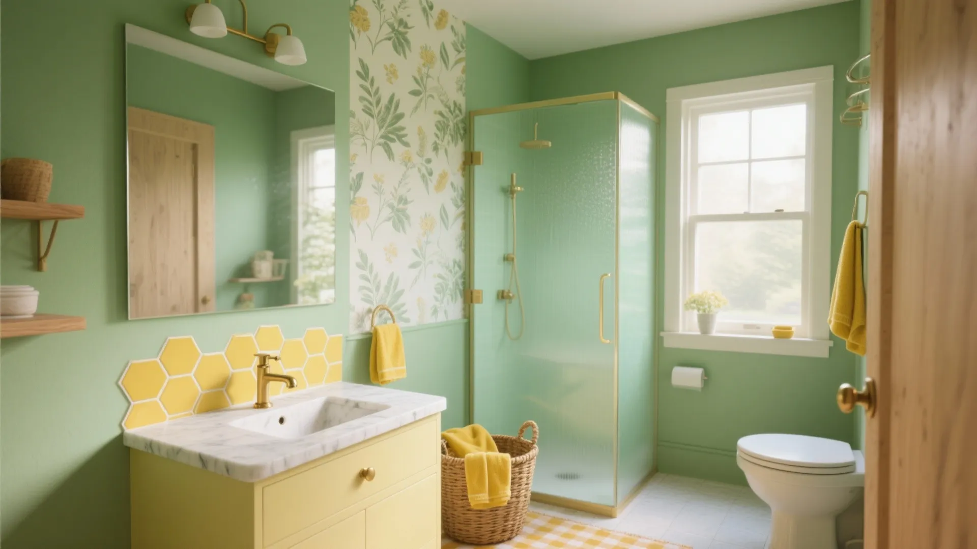 Modern green bathroom featuring a yellow cabinet with marble top plus glass shower and toilet
