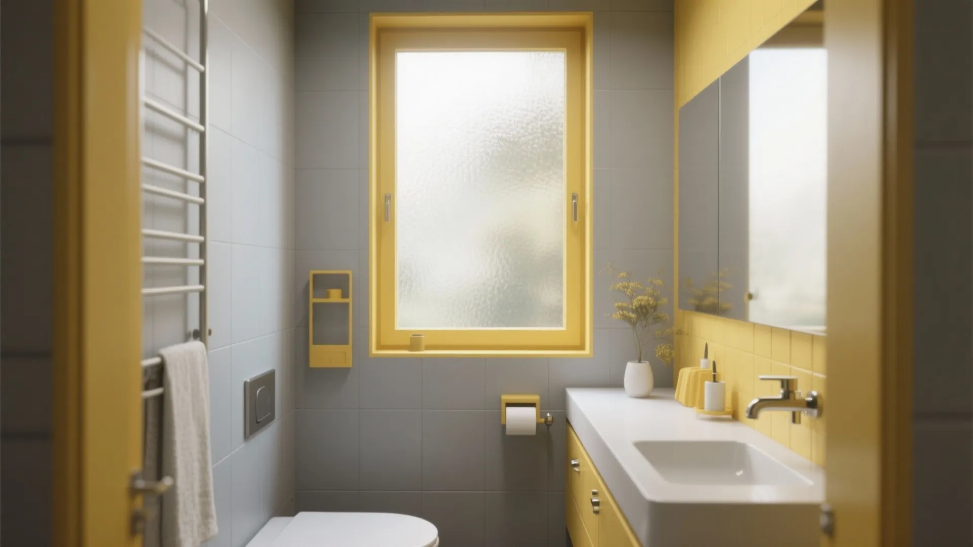 Small bathroom design featuring grey wall tiles yellow window frame and a yellow cabinet vanity