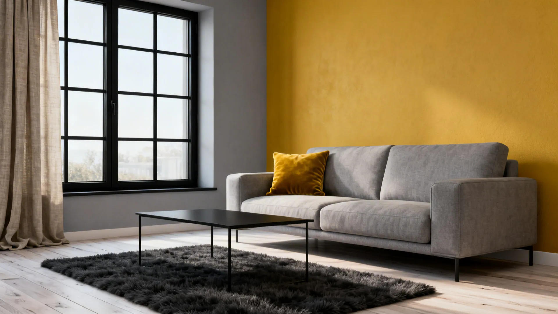 Modern living room with a grey sofa yellow accent wall black coffee table and large windows