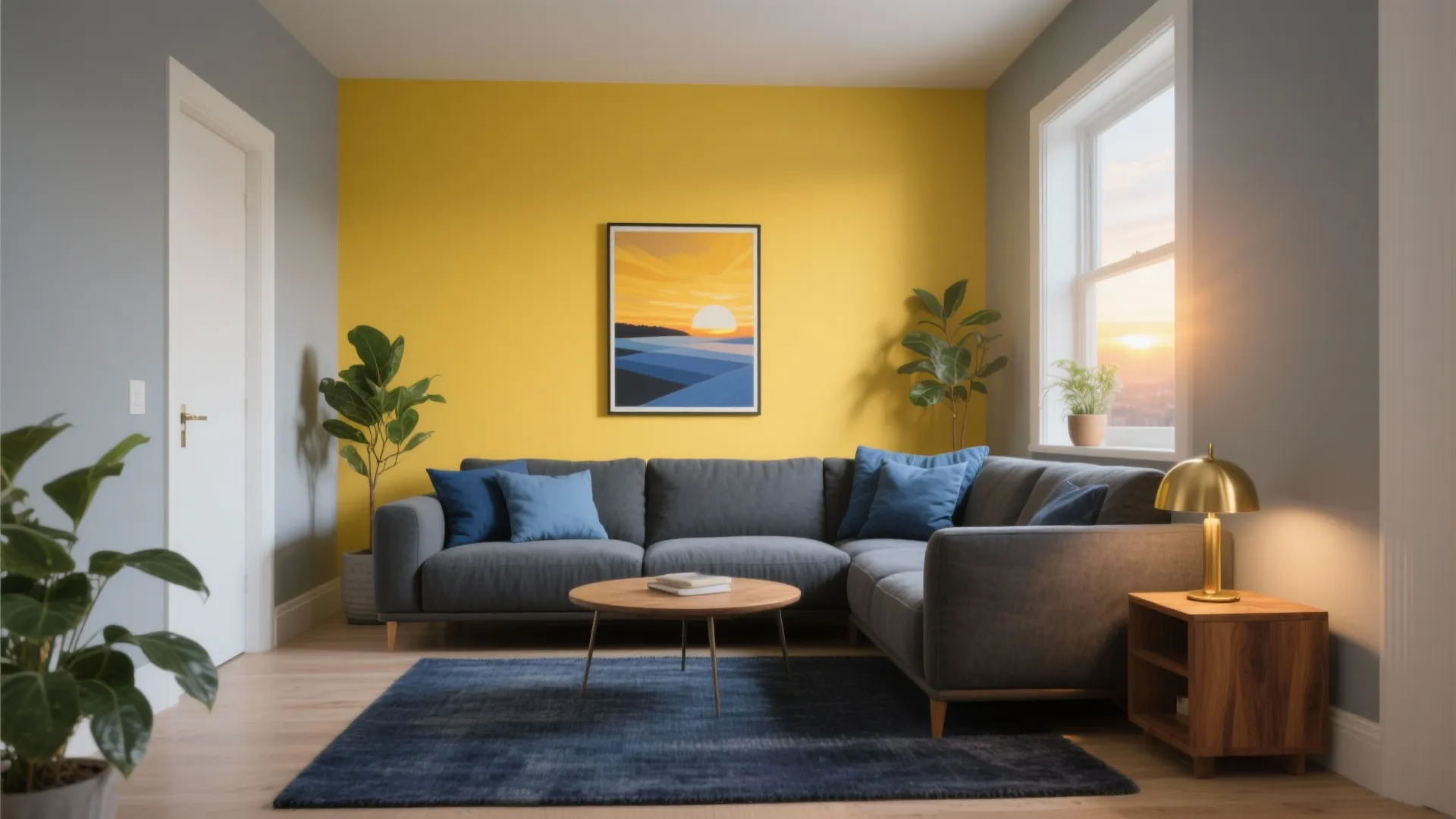 Modern living room with yellow wall grey sofa blue rug wooden coffee table and light
