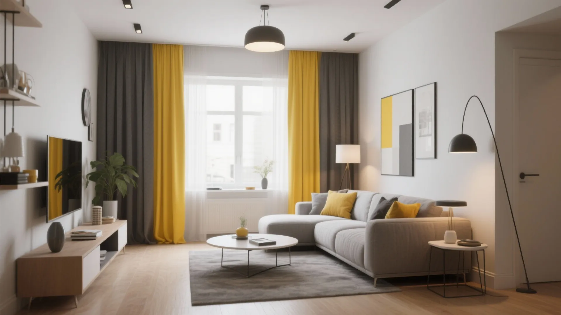 Modern living room featuring yellow and grey curtains with a grey sofa and wooden floors
