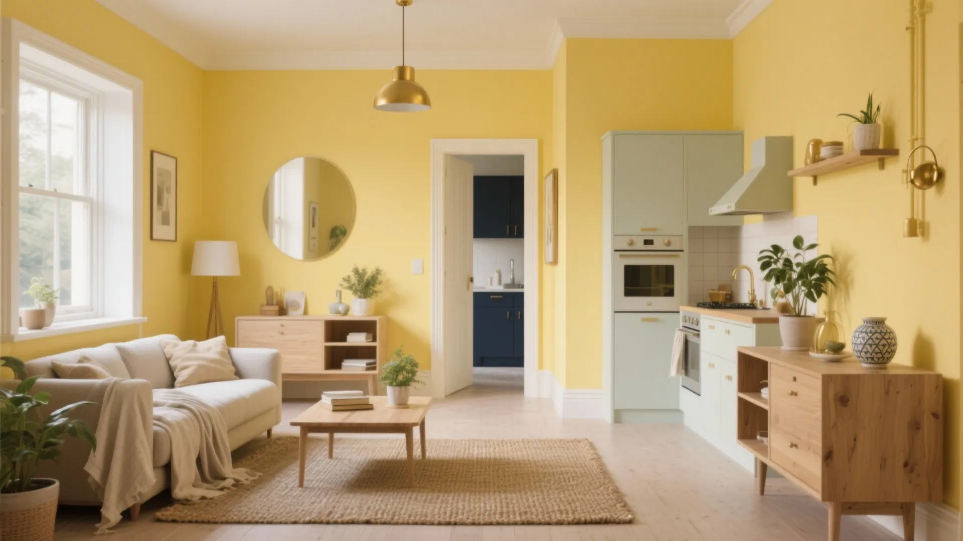 Open plan living room and light green kitchen with yellow walls wooden furniture and gold light