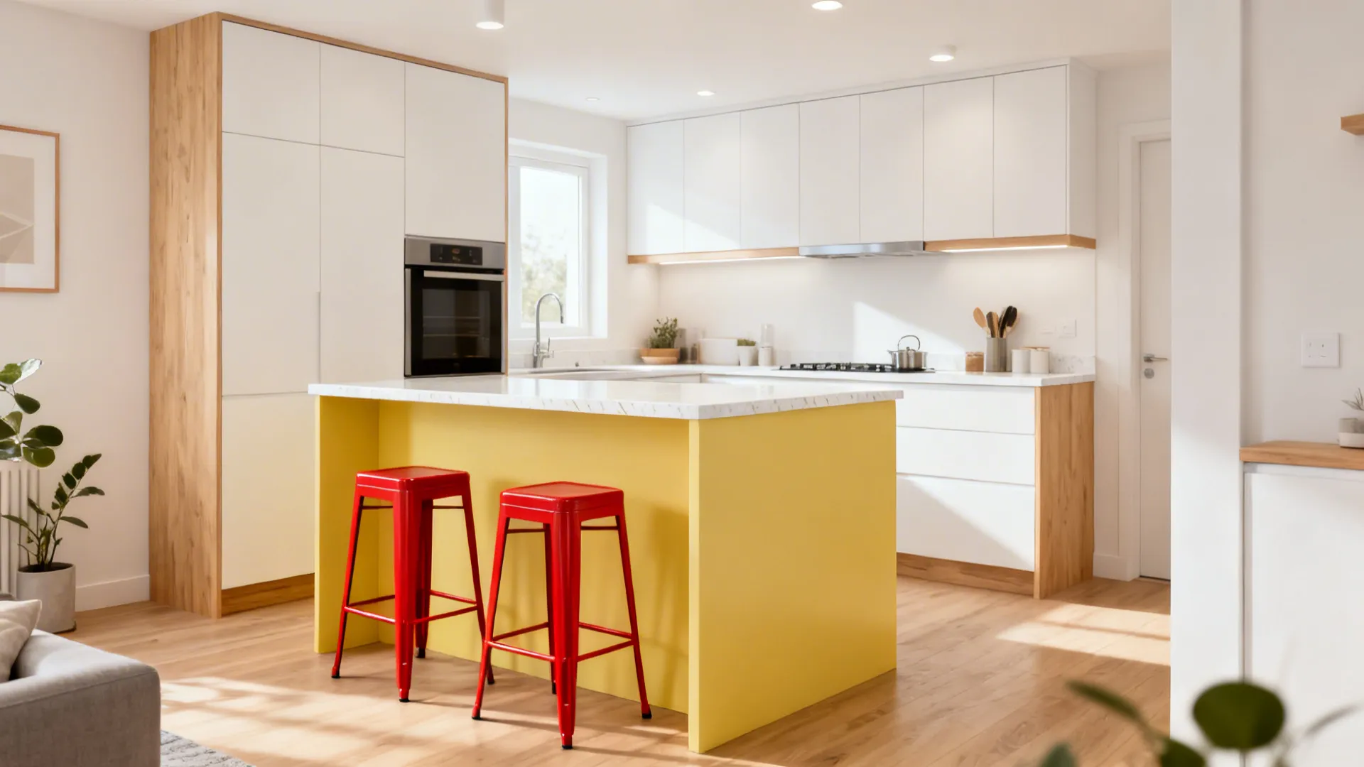 Open-plan studio kitchen with mellow yellow island and two red stools amid white and wood finishes.