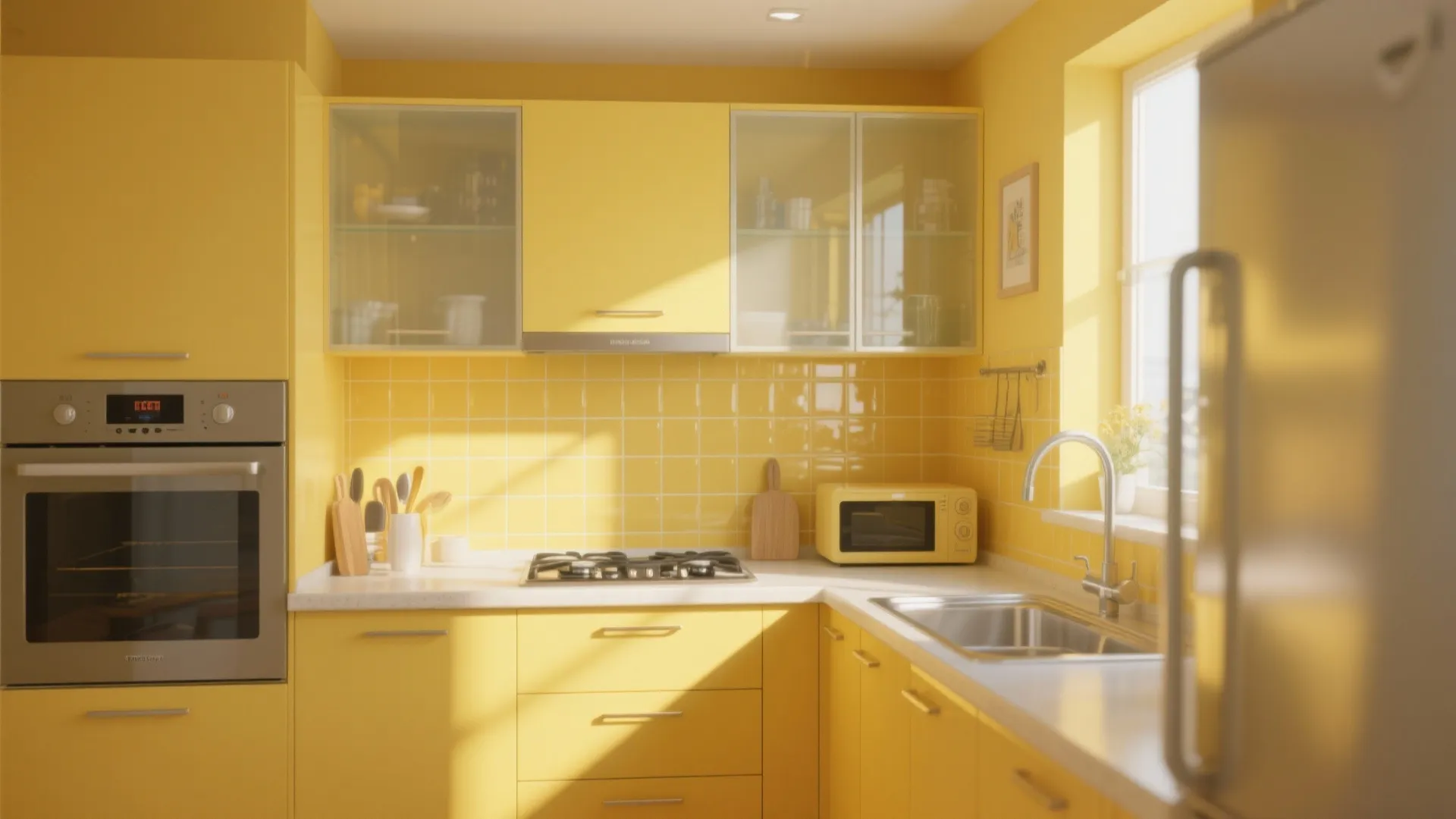 Bright yellow kitchen design with matching cabinets silver oven microwave sink and sunlight through window