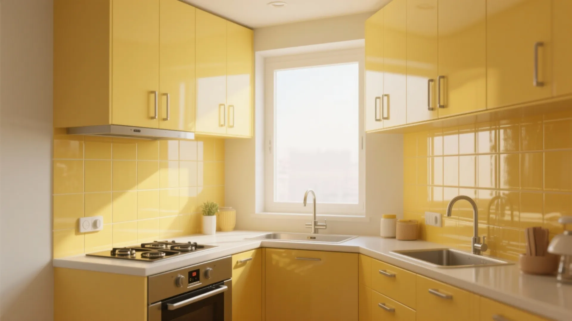 Compact kitchen with yellow cabinets and streamlined hardware creating an airy feel.