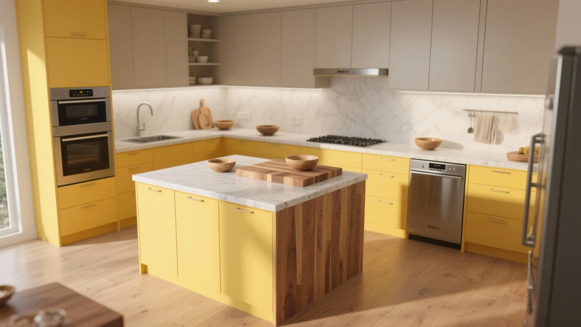 Modern kitchen with yellow cabinets, a wood island, white marble countertops, and stainless steel appliances