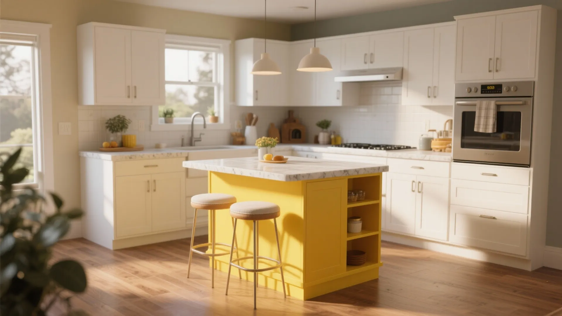 5. Yellow Island with White Perimeter Cabinets