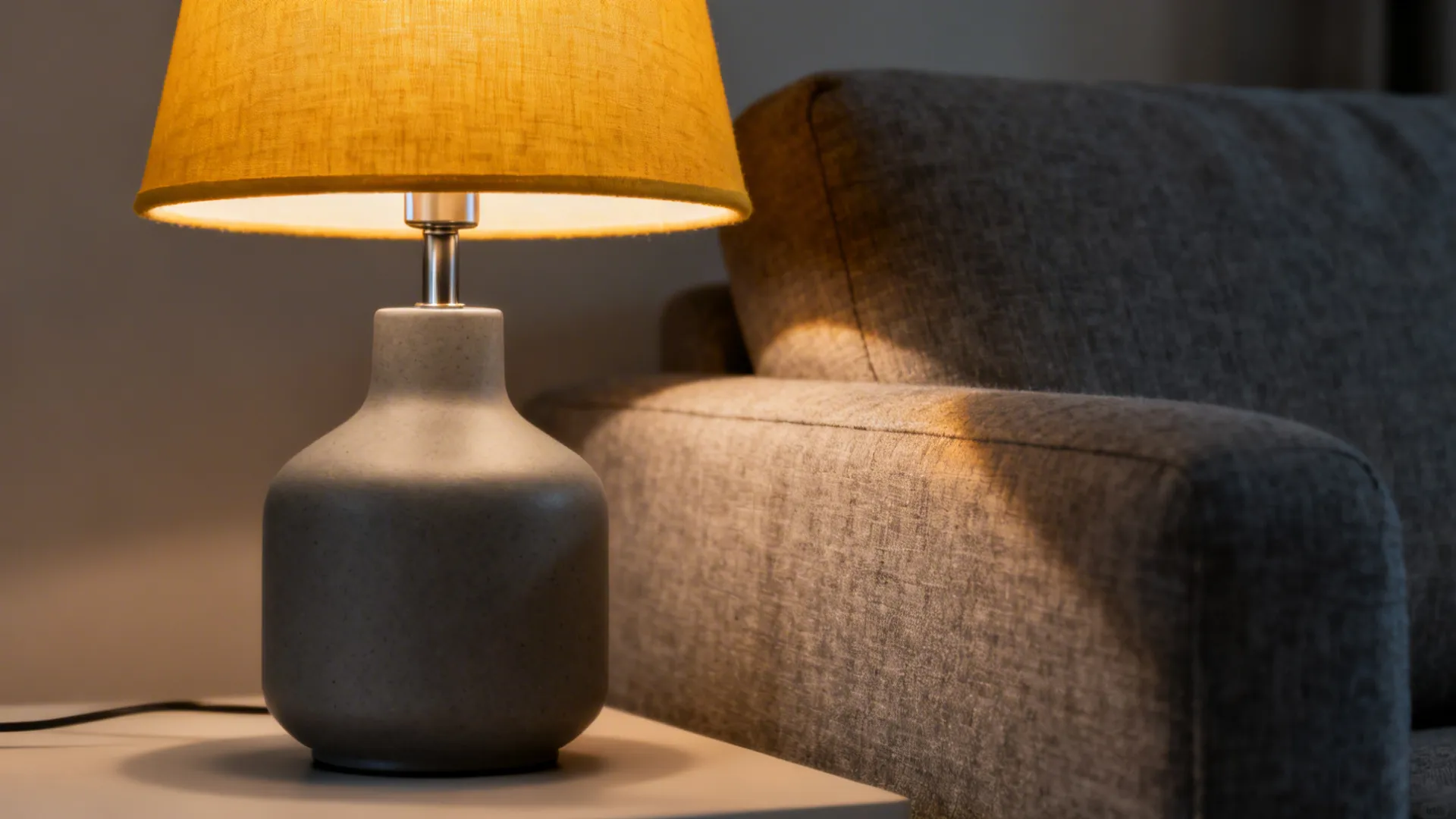 Matte grey lamp base with warm mustard-yellow shade casting cozy light on grey sofa.