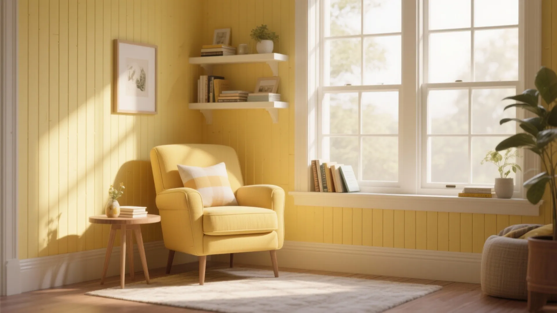Cozy reading corner with yellow armchair, wall panel, wooden side table, bookshelves, and natural light