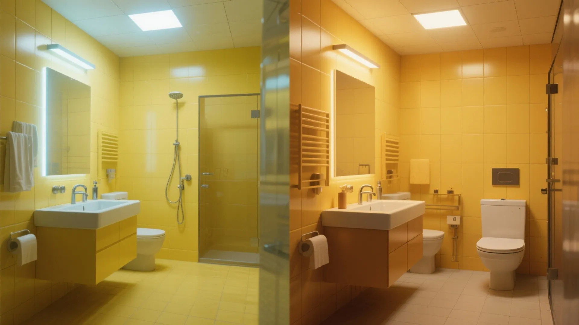 Comparison of cool versus warm light settings in a yellow bathroom with a modern sink