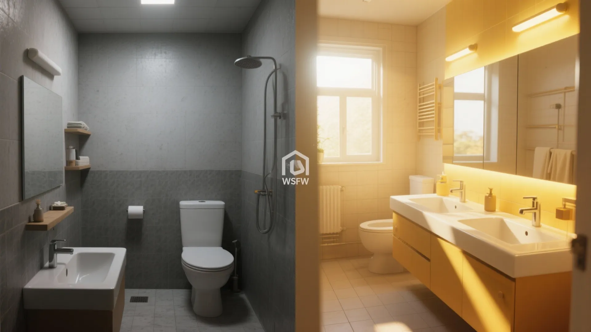 Before and after comparison of a dark grey bathroom and a bright yellow warm bathroom