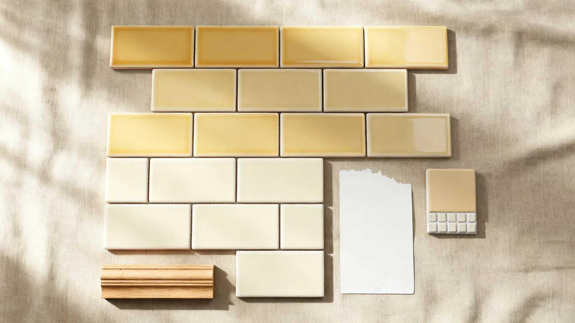 Flatlay with honey-yellow liner tile, cream subway tile, off-white paint, beige grout, and wood trim.