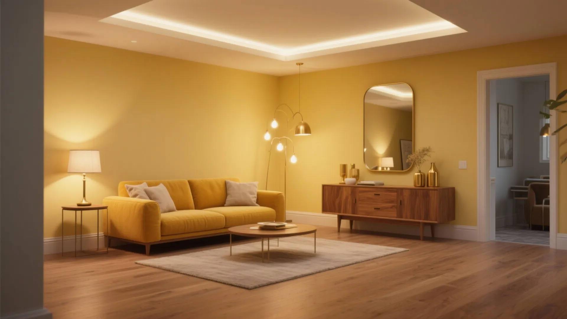 Modern yellow living room with mustard sofa wooden cabinet round coffee table and warm ceiling light