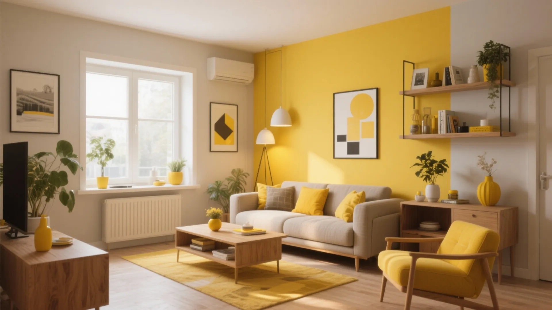 Modern living room with yellow wall grey sofa wooden coffee table and bright natural light